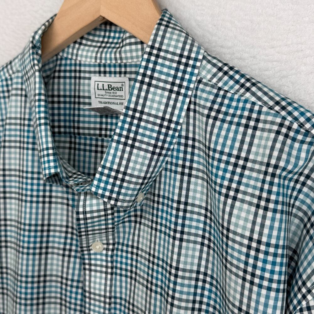 LL BEAN Shirt Mens XXL Wrinkle Free Kennebunk Sport Plaid Poplin Cotton Blue